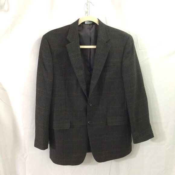 Jos A Bank Suit Jacket Blazer Brown Plaid 100% Wool 2 Button Size 44R - Picture 1 of 6